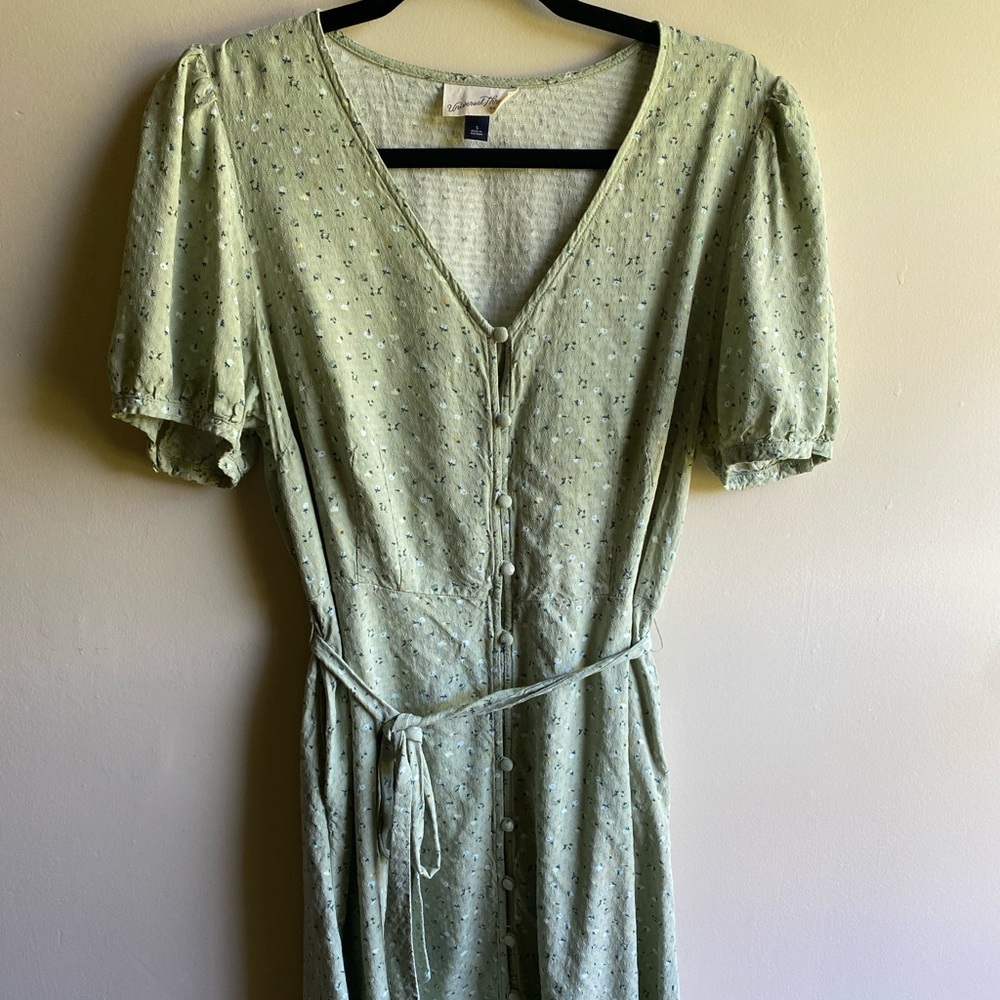 Cottagecore Olive Green Floral Midi Puff Sleeve Dress with Pockets
